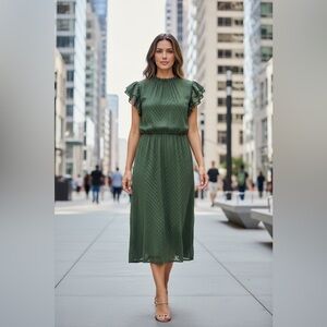 BloomChic Forest Green Midi Dress with Ruffle Sleeves Size 12